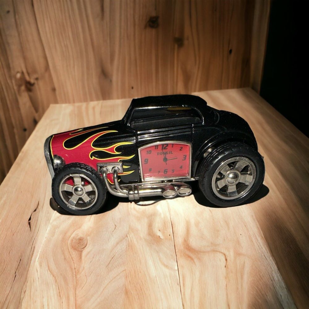 Fossil Hot Rod Model Car Desk Clock w Flames - Limited Edition, 4.25"